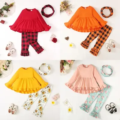Kid Girls Spring Autumn Solid Color Flare Long Sleeve Dress Tops Plaid Frill Pants Headband 3Pcs Clothing From 2t-9Y 13230715...