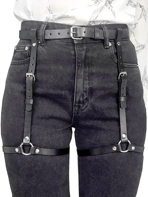 Women's Plain Ring Linked Garter Belt, Punk Fashion Luxury Pu Leather Thigh Garter Suspenders for Festival Party Vacation, Fe...