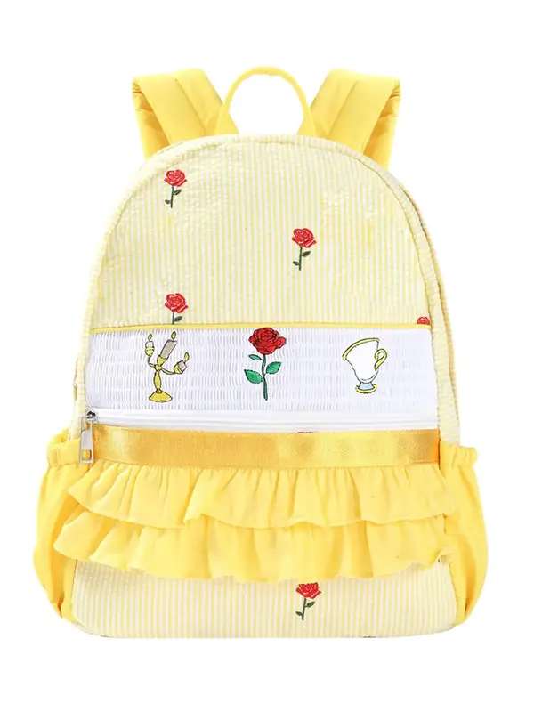 Cute Rose Embroidery Backpack, Striped Pattern Ruffle Trim Backpack, Casual Versatile Backpack for Women & Girls, Fashionable...