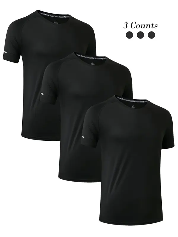 Men's Plain Round Neck Sports Tee, Sporty Quick Drying Breathable Short Sleeve T-shirt, Men'sTop for Gym Workout Running, Sum...