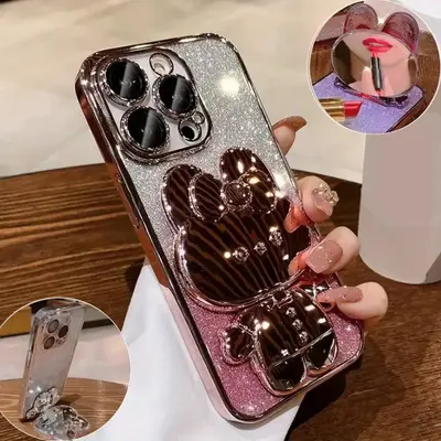 Cute Cartoon Bear Design Phone Case with Stand (1 Set), Glitter Decorative Phone Protector Cover, Phone Accessory Compatible ...