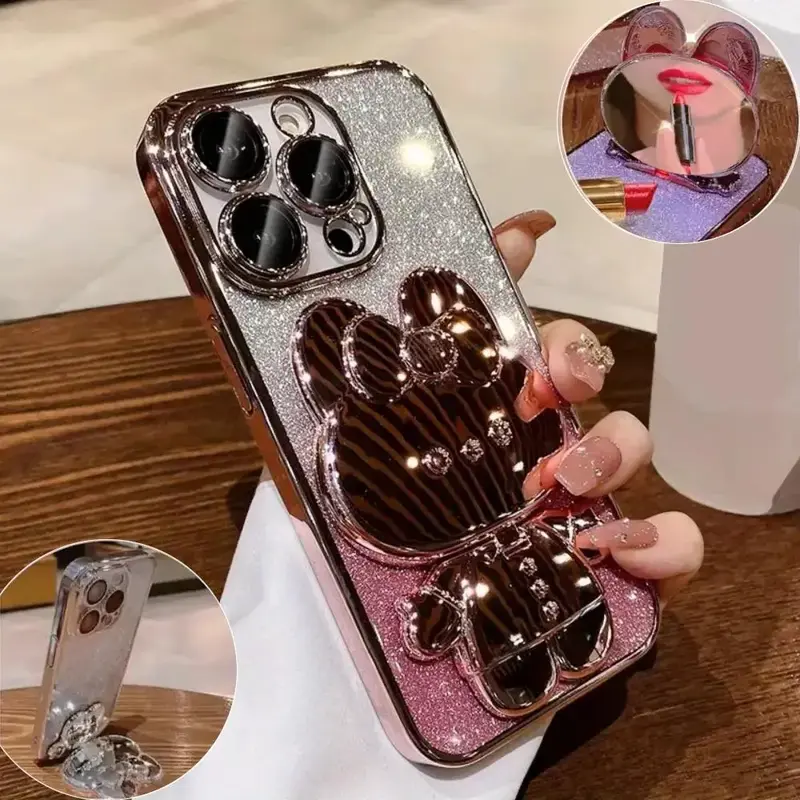 Cute Cartoon Bear Design Phone Case with Stand (1 Set), Glitter Decorative Phone Protector Cover, Phone Accessory Compatible ...