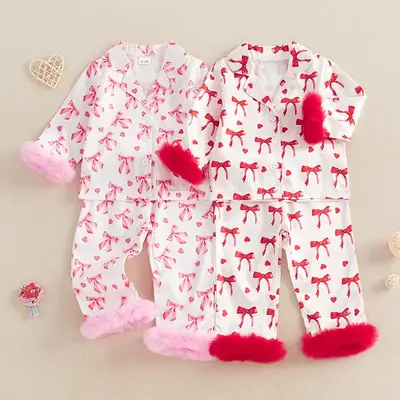 Toddler Baby Girl Valentine Pajamas Sets Bow Print Plush Laple Long Sleeve Tops with Pants