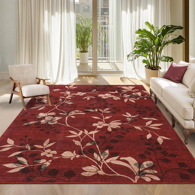 Garvee Washable Red Floral Area Rugs 10x13 for Living Room Bedroom Nursery Kids Playroom Soft Non-Slip Thin Carpet Leaf Print