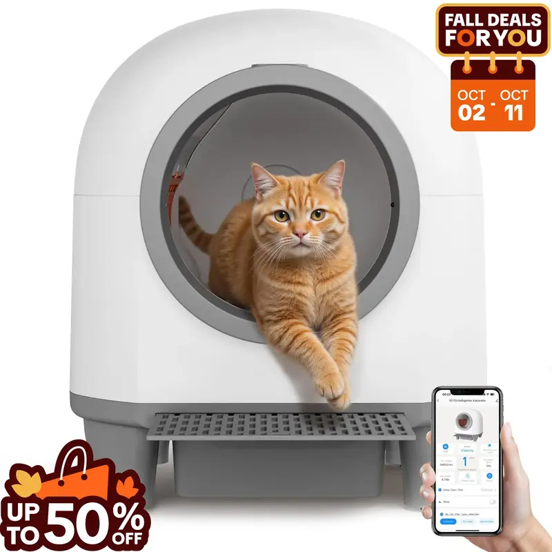 Warcat Smart Low-Noise Auto-Cleaning Litter Box 90L Self Cleaning Cat Litter Box APP-Controlled via 2.4G WiFi with 10 Smart S...