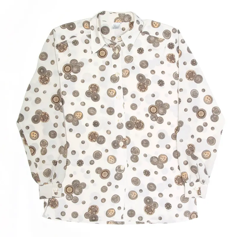 DELMOD Buttons Cream 90s Crazy Pattern Long Sleeve Blouse Womens M