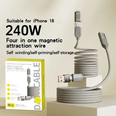 240W Four-in-one magnetic cable[Fast Charging & Data Sync],Multi Charging Cable for iPhone 14/15/16/Pro/Plus/Pro Max, MacBook...