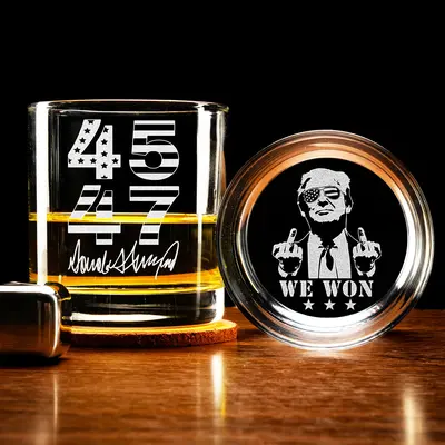 Engraved Trump 45 47 2024 Whiskey Glass, MAGA 11oz Rock Glass Gifts for Men Drinkware