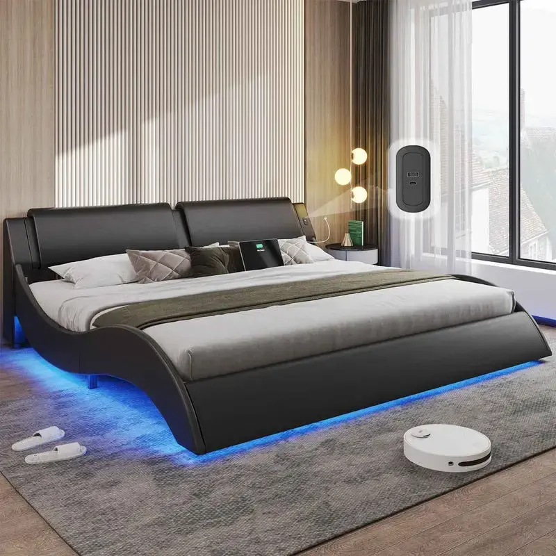 Sikaic Wave Like Curve LED Lighting Bed Frame With Charging Ports And Headboard Black Home Ergonomic Bedroom Furniture Adjust...