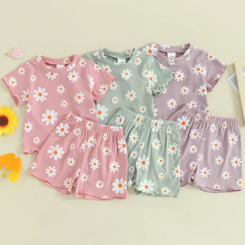 Toddler Baby Girl Summer Clothes Daisy Short Sleeve T-Shirt Tops + Elastic Waist Shorts Cute 2Pcs Outfits Set