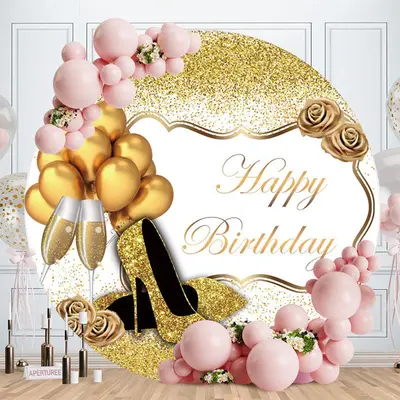 Aperturee Round Balloons Glitter Gold Happy Birthday Backdrop | Custom Round Backdrop | Birthday Backdrop Ideas | Round Birth...