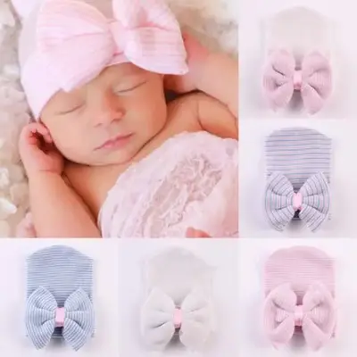Newborn Toddler Infant Hats Girl Boys Colorful Striped Bow Knot Cap Cotton Beanie Hat Accessories Cute