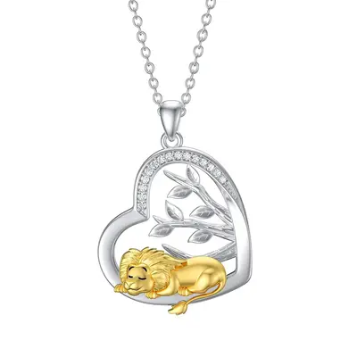 Sterling Silver Two-tone Round Cubic Zirconia Lion & Heart Pendant Necklace