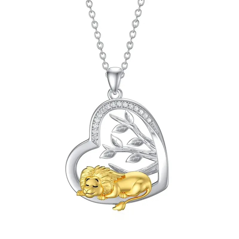 Sterling Silver Two-tone Round Cubic Zirconia Lion & Heart Pendant Necklace