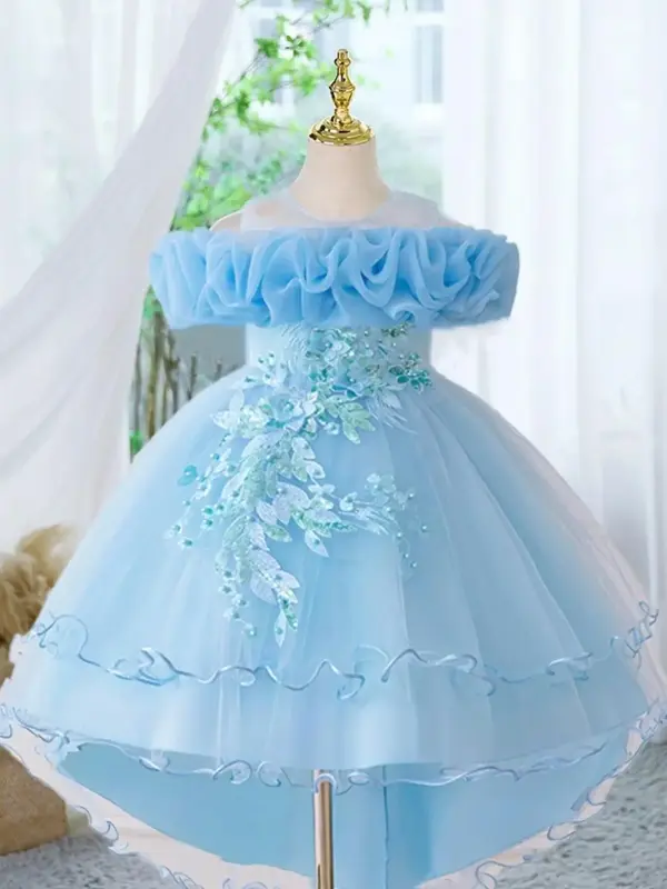 Girl's Floral Embroidery Sequin Decor Tulle Dress, Elegant Sleeveless A Line Dress for Party Wedding Guest, Kids Summer Cloth...
