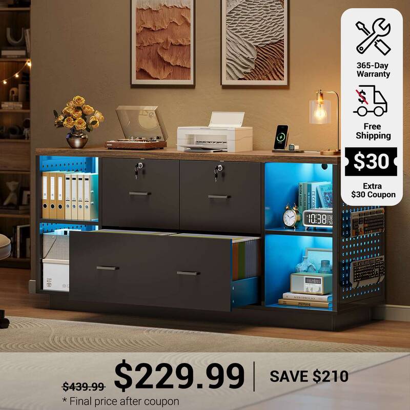 SEDETA | 55 Inch File Cabinet with 3 Drawers LED Light Lockable Filing Cabinets with Power Strip Lateral File Cabinet with Pr...