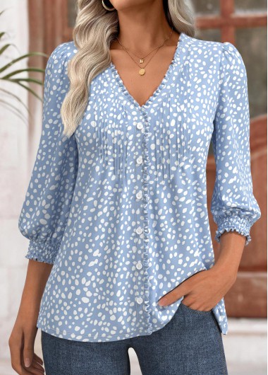 Modlily Light Blue Polka Dot 3/4 Sleeve V Neck Blouse - L