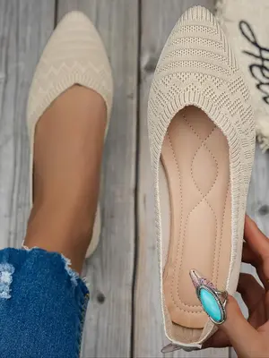 Women's Fashionable Plain Color Pointed Toe Flat Shoes, Casual Comfortable Breathable Slip on Knit Shoes for Daily Wear, Ligh...