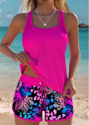 Modlily Tummy Coverage Mid Waisted Marine Life Print Tankini Set - XXL