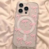 Girly Bow Pattern Magnetic Phone Case for iPhone 16 15 14 Pro Max 13 12 11 XR XS Plus Non-Yellowing Clear Crystal Drop-Proof ...