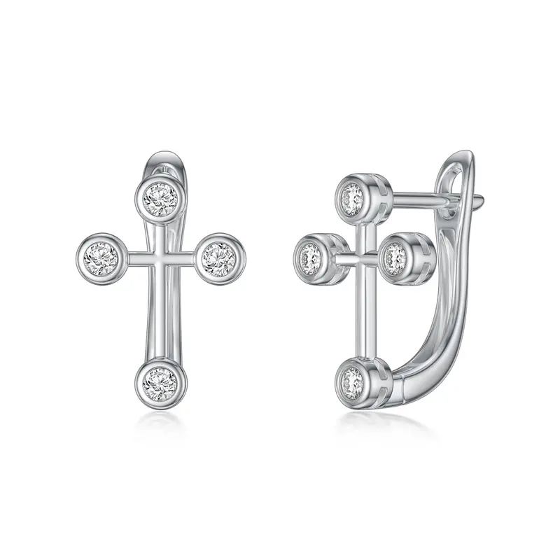 10K White Gold Round Cubic Zirconia Cross Stud Earrings