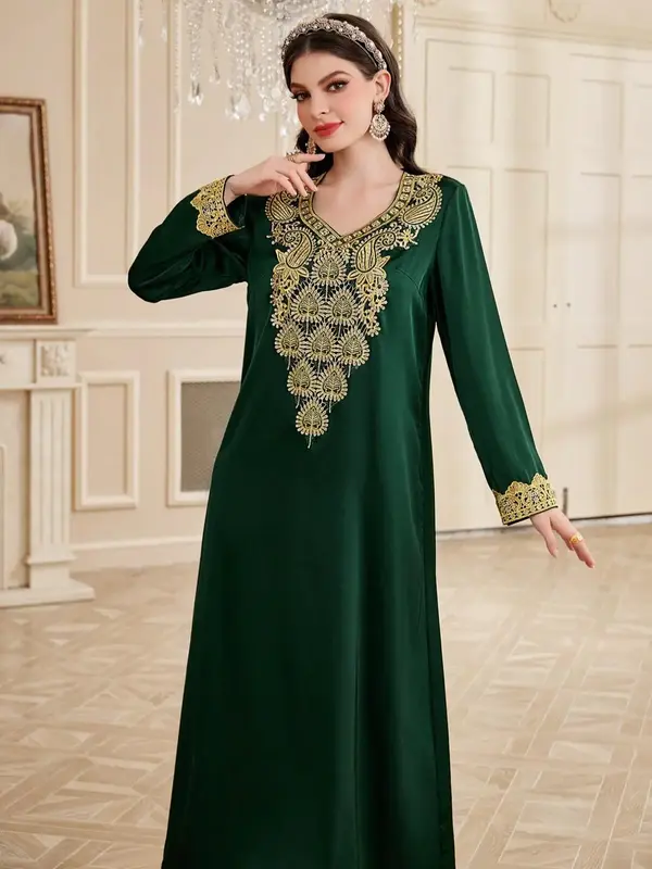 Women's Patchwork Print Embroidery Long Sleeve Dress, Elegant Arabic Clothing for Party Daily Wear, Ladies Islamic Clothing f...