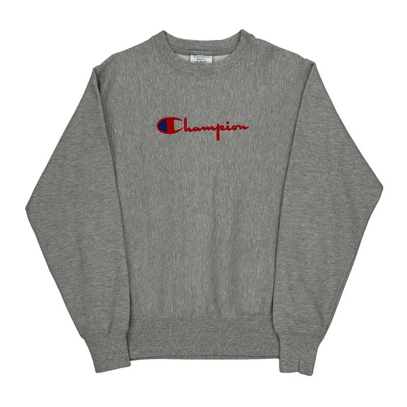 Reverse Weave Champion Spellout Sweatshirt - Small Grey Cotton Blend