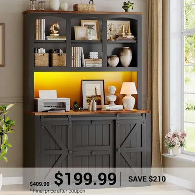 SEDETA ® 41 Inch Farmhouse 2 Drawer File Cabinet with Power Strip Printer Stand Storage Shelf Bar Door LED Lights Filing Cab...