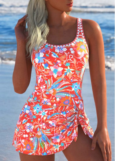 Modlily Tie Floral Print Coral One Piece Swimdress - S