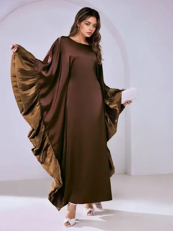 Elegant Muslim Women Batwing Sleeve Patchwork Long Dress, Fashionable Modest Clothing, Perfect for Special Occasions
