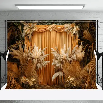 Boho Yellow Monstera Curtain Cake Smash Backdrop