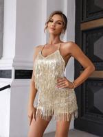 Women's Glittering Sequin Fringe Trim Tie Back Halter Romper, Summer Clothes Women, Elegant Solid Sleeveless Backless Romper,...