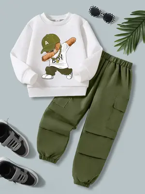 Two-piece Set Boy's Cartoon Bear Print Sweatshirt & Pants, Casual Round Neck Long Sleeve Pullover & Trousers for Spring & Fal...