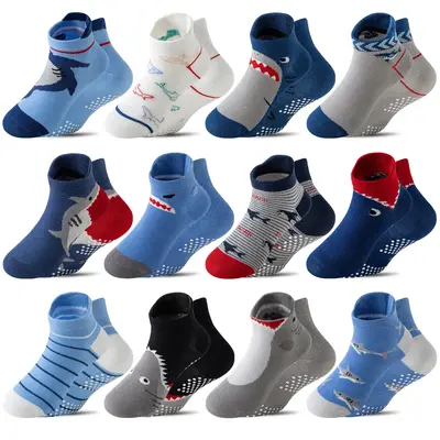 12 Pairs Baby Boys Toddlers Grips Socks Kids Non Slip Anti Skid Ankle Cotton No Show Socks With Grippers Shark Socks