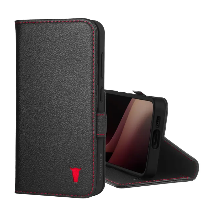 Samsung Galaxy S24 Leather Case (with Stand Function) - Black with Red Detail