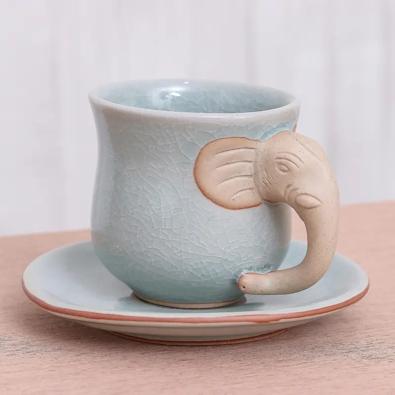 NOVICA Elephant Gaze Aqua Celadon Cup and Saucer with Elephant Motif
