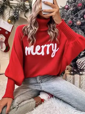 Women's Letter Pattern Batwing Sleeve Turtleneck Sweater, Casual Long Sleeve Jumper for Fall & Winter, Fashion Ladies' Knitwe...