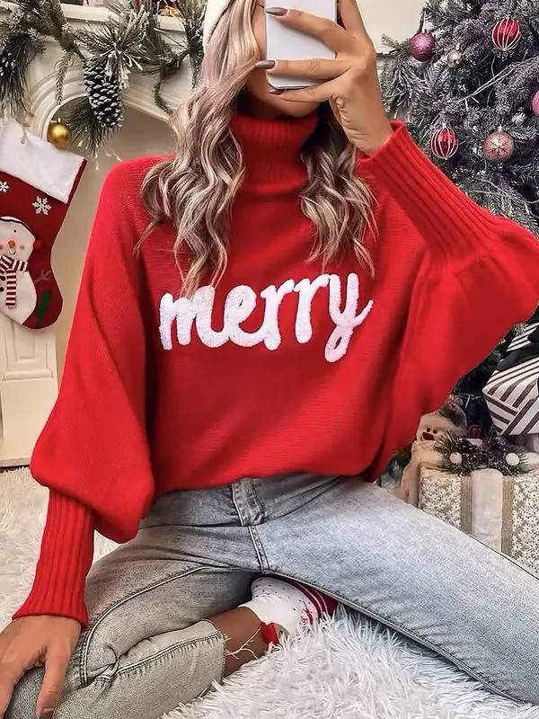 Women's Letter Pattern Batwing Sleeve Turtleneck Sweater, Casual Long Sleeve Jumper for Fall & Winter, Fashion Ladies' Knitwe...