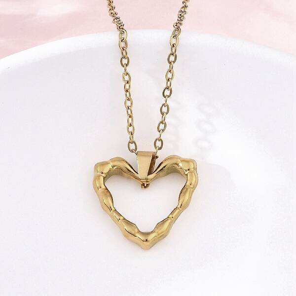 Textured Heart Outline 304 Stainless Steel Pendant Necklaces