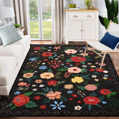Garvee Black Floral Area Rug for Living Room, 8x10 Machine Washable Large Rugs, 8x10 Non Slip Vintage Low Pile Soft Carpet fo...
