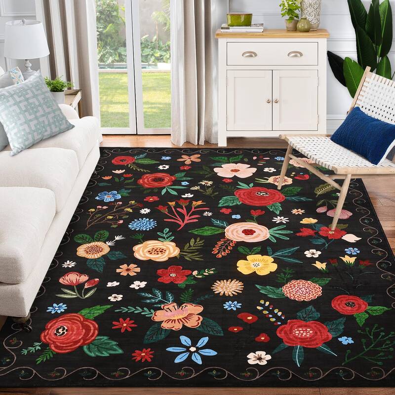 Garvee Black Floral Area Rug for Living Room, 8x10 Machine Washable Large Rugs, 8x10 Non Slip Vintage Low Pile Soft Carpet fo...