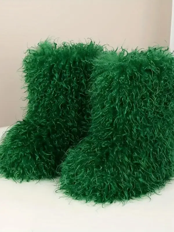 Women's Fashionable Solid Color Round Toe Fluffy Boots,  Women Shoes, Casual Comfortable Warm Boots for Fall & Winter, Female...