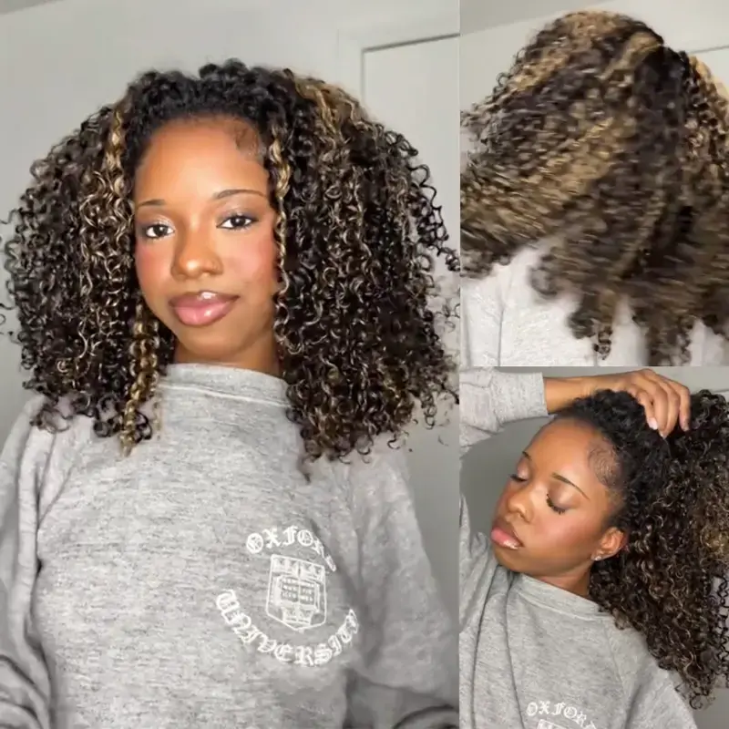 Blonde Highlight Kinky Curly QuickCurl Drawstring Half Wig Human Hair Curly 3 In 1 Half Wig