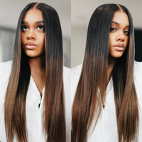 【New In】UNice Glueless Ombre Chestnut Brown Yaki Straight Wig with Drawstring Pre Cut 7x5 Lace Human Hair Wigs with Bleac...