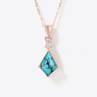Rose Gold Kite Cut Turquoise Necklace Diamond Bridal Pendant
