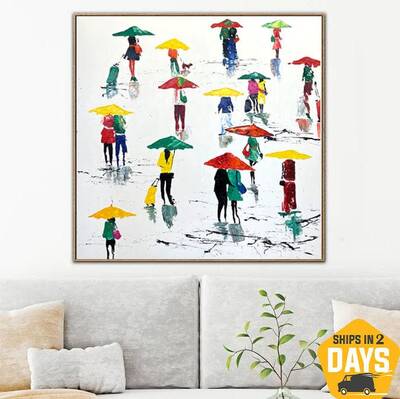 Original People with Umbrellas Paintings On Canvas Abstract Colorful Oil Painting for Living Room | UMBRELLAS 50"x50&quo...