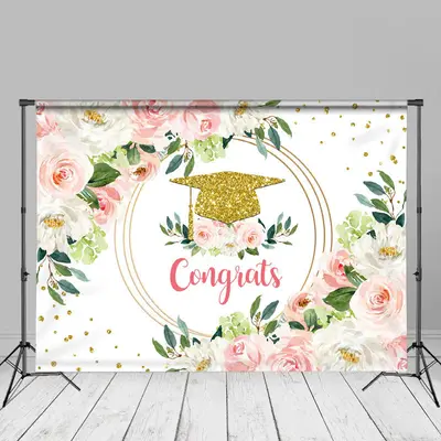Pink White Floral Glitter Congrats Photo Backdrop - Aperturee