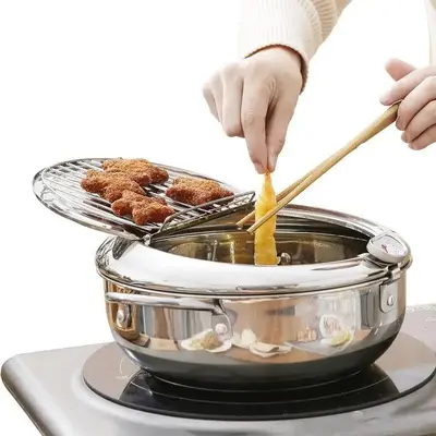 Stainless Steel Oil Pan with Temperature Meter, 1 Count Household Tempura Oil Fryer, Small Oil Saving French Fries Frying Pan...