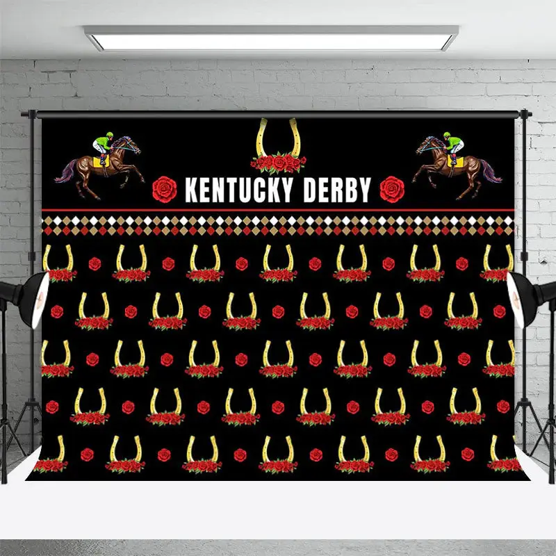 Red Rose Horse Repeat Kentucky Derby Party Backdrop - Aperturee