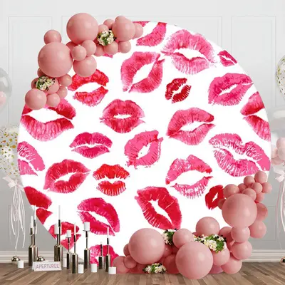Red Lip Print Round Valentines Backdrop For Girl - Aperturee